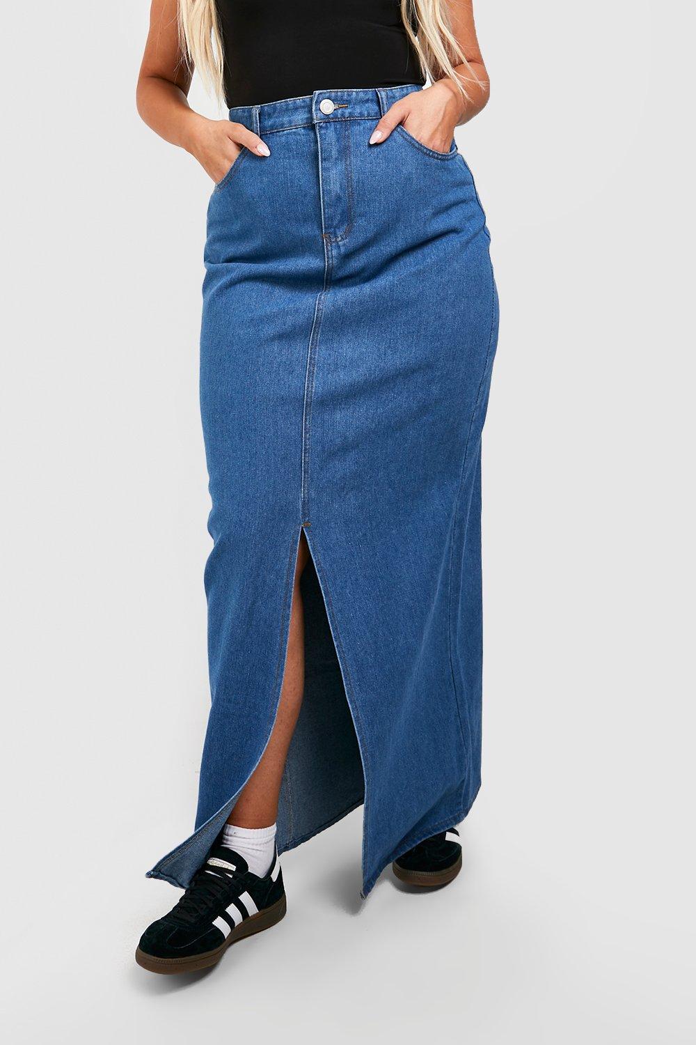 Plus Denim Split Front Maxi Skirt boohoo UK
